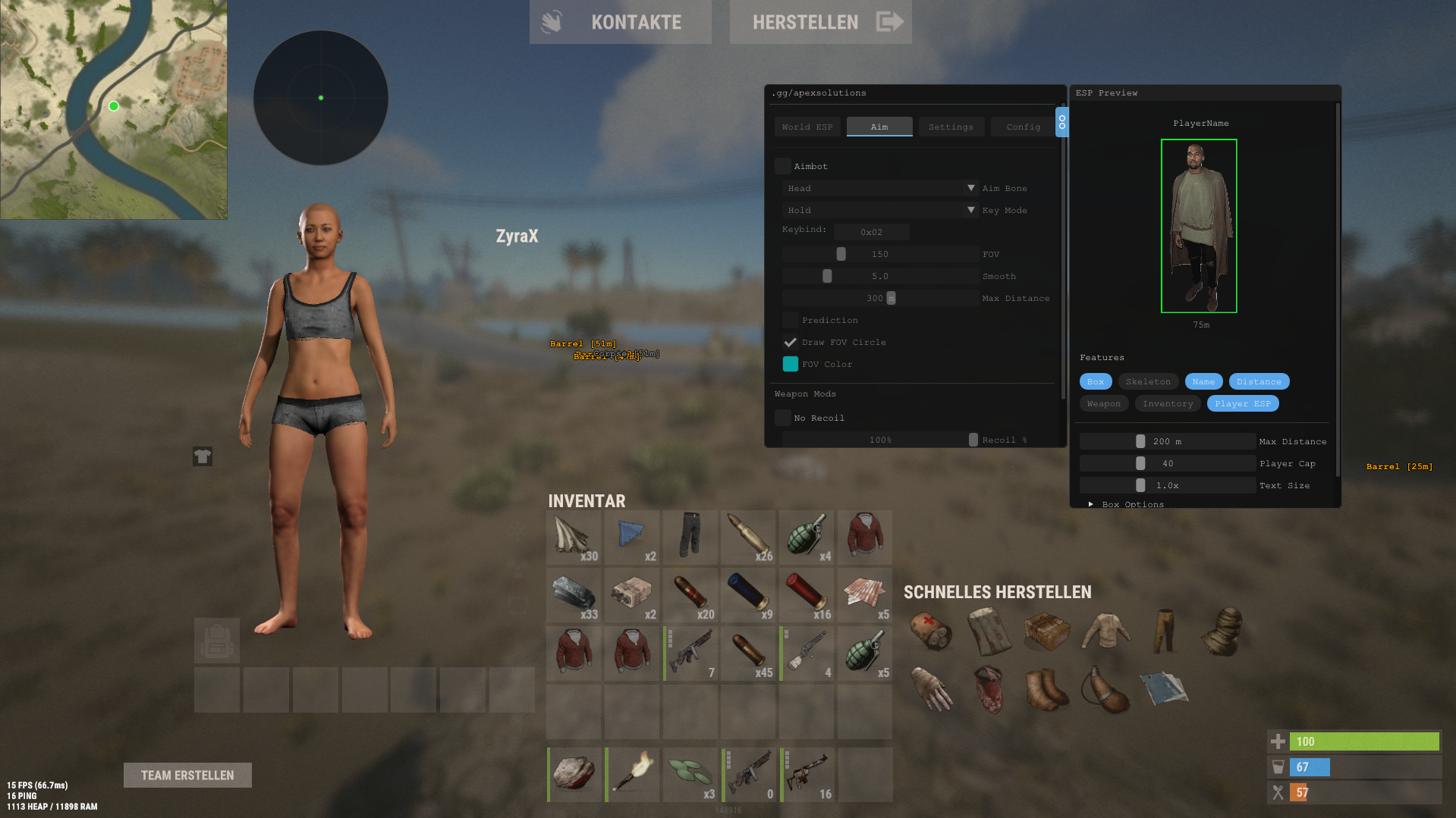 Rust project showing a custom cheat interface, radar and in-game overlay, watermarked cani